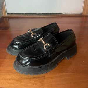 Black Patent Leather Loafers with Gold Buckle
